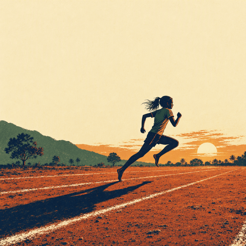 A young sprinter mid-stride, barefoot, on a chalk-marked red-earth track at dawn, casting a long shadow