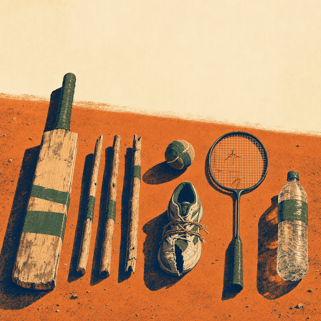 A taped wooden plank used as a cricket bat, three uneven sticks for stumps, a taped tennis ball, a split running shoe tied with twine, a badminton racquet missing strings, and a water bottle, laid out on red earth